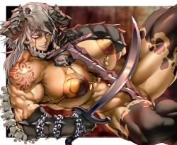 Rule 34 | 1girl, animal skull, biceps, bra, breasts, chain, dual wielding, gauntlets, grey hair, holding, holding sword, holding weapon, huge breasts, lipstick, long hair, looking at viewer, lying, makeup, muscular, muscular female, original, pink eyes, skull on head, smile, solo, sword, tattoo, thick thighs, thighs, underwear, weapon, zunta