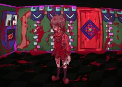 Rule 34 | 1girl, absurdres, black socks, blood, blood on clothes, blood on face, blood on ground, blood on wall, bloody weapon, braid, brown hair, door, closed eyes, full body, highres, holding, holding knife, in-universe location, kitchen knife, knife, long hair, long sleeves, madotsuki, miniskirt, pink sweater, ratfoob, red footwear, red skirt, shoes, skirt, socks, solo, standing, sweater, twin braids, weapon, yume nikki