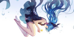 Rule 34 | 1girl, 2017, anniversary, barefoot, black dress, blue hair, bubble, closed eyes, dress, floating hair, from side, full body, hatsune miku, highres, long hair, plantar flexion, solo, star (symbol), twintails, very long hair, vocaloid, yuiko (yuiko33miao)