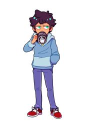 Rule 34 | 1boy, black hair, camp camp, child, cup, dark-skinned male, dark skin, drinking, full body, green eyes, gummybear2379, hand in pocket, highres, holding, holding cup, hood, hoodie, long sleeves, male focus, max (camp camp), pants, shoes, solo, transparent background
