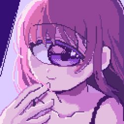 Rule 34 | 1girl, azen (mntimcczgrtn), collarbone, cyclops, floating hair, hand to own mouth, limited palette, looking at viewer, one-eyed, original, pixel art, portrait, purple eyes, purple hair, purple theme, sidelocks, smile, solo, sparkling eyes, upper body