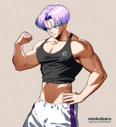 1boy aged_up blue_eyes covered_erect_nipples dragon_ball flexing highres male_focus navel otokobara pants pectoral_cleavage pectorals purple_hair short_hair tank_top trunks_(dragon_ball) white_background