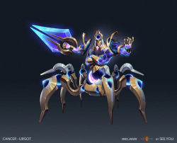 Rule 34 | 1boy, alternate costume, armor, artist name, black background, blue skin, cancer (zodiac), character name, colored skin, crossed arms, disembodied hand, extra arms, extra legs, facing viewer, full body, grey background, helmet, holding, holding weapon, league of legends, see you, solo, space print, standing, starry sky print, urgot, weapon, weapon request, zodiac