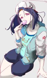 Rule 34 | 10s, 1girl, alternate costume, arm support, blue shirt, blowing bubbles, chewing gum, contemporary, denim, denim shorts, highres, hood, hooded jacket, jacket, jockey, kantai collection, looking at viewer, mole, mole under eye, open clothes, open jacket, purple eyes, purple hair, shirt, short hair, shorts, shousetsu, sitting, solo, tatsuta (kancolle)