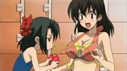 Rule 34 | 00s, 2girls, animated, animated gif, bikini, black hair, blush, bow, breast expansion, breasts, cleavage, flat chest, hair bow, kiyoura setsuna, large breasts, locker room, lowres, multiple girls, one-piece swimsuit, open mouth, pump, saionji sekai, school days, school swimsuit, screencap, short hair, small breasts, surprised, swimsuit, tank top