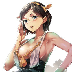 Rule 34 | 10s, 1girl, adjusting eyewear, aida takanobu, armpits, bare shoulders, blue hair, breasts, brown hair, cleavage, glasses, kantai collection, kirishima (kancolle), large breasts, light smile, lips, looking at viewer, simple background, solo, white background