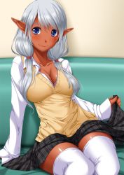 Rule 34 | 1girl, arm support, bad id, bad pixiv id, black skirt, blue eyes, blush, bra, breasts, chiro, cleavage, closed mouth, clothes lift, collarbone, collared shirt, couch, dark-skinned female, dark elf, dark skin, dress shirt, elf, large breasts, lifted by self, long hair, long sleeves, looking to the side, low twintails, miniskirt, original, plaid, pleated skirt, pointy ears, ribbon-trimmed bra, school uniform, shiny skin, shirt, silver hair, sitting, skirt, skirt lift, smile, solo, sweater vest, thighhighs, twintails, underwear, white shirt, white thighhighs, zettai ryouiki