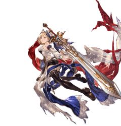Rule 34 | 1girl, angela (lord of vermilion iii), angela (lord of vermilion iii) (cosplay), bare shoulders, black thighhighs, blonde hair, brown eyes, cosplay, djeeta (granblue fantasy), full body, granblue fantasy, holding, holding weapon, huge weapon, looking at viewer, looking back, lord of vermilion, lord of vermilion iii, minaba hideo, miniskirt, official art, shoes, short hair, skirt, solo, sword, thighhighs, transparent background, veil, weapon, zettai ryouiki