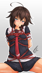 Rule 34 | 1girl, ahoge, arms behind back, bdsm, blue eyes, blush, bondage, bound, braid, breast bondage, breasts, brown hair, crotch rope, covered erect nipples, hair ornament, kantai collection, necktie, nokishita kumoemon, open mouth, remodel (kantai collection), rope, shibari, shigure (kancolle), skirt, small breasts, spread legs, thighs
