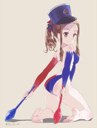 Rule 34 | 1girl, alternate hairstyle, ass, asymmetrical sleeves, backless leotard, barefoot, baton, bc freedom (emblem), blonde hair, blue hat, blue leotard, blue ribbon, blue sleeves, breasts, closed mouth, commentary, drill hair, emblem, feet, from behind, girls und panzer, green eyes, grey background, gymnast leotard, gymnastics, hair ribbon, hair up, hat, holding, kepi, kneeling, legs, leotard, looking at viewer, looking back, marie (girls und panzer), medium breasts, medium hair, military hat, mismatched sleeves, red leotard, red sleeves, rhythmic gymnastics, ribbon, shadow, short ponytail, simple background, smile, soles, solo, tilted headwear, toes, twitter username, two-tone leotard, yurikuta tsukumi