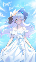 Rule 34 | + +, 1girl, absurdres, bare shoulders, blue eyes, blue horns, blue sky, bow, collarbone, day, demon girl, demon horns, dress, elsword, grin, happy birthday, hat, hat bow, highres, horns, long hair, looking at viewer, luciela r. sourcream, off-shoulder dress, off shoulder, outdoors, pointy ears, ppower (lu power), sky, smile, solo, teeth, white bow, white dress, white hair