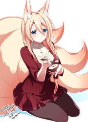 Rule 34 | 1girl, animal ears, blonde hair, blue eyes, breasts, brown pantyhose, closed mouth, commentary request, dated, dress, food, fox ears, fox tail, hair between eyes, holding, kitsune, konshin, large breasts, long hair, looking at viewer, multiple tails, no shoes, notice lines, original, pantyhose, red dress, signature, single hair intake, sitting, solo, spoon, tail, yokozuwari