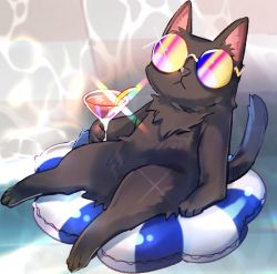 animal_focus black_cat cat cocktail_glass cup drink drinking_glass highres innertube looking_at_viewer no_humans original sila_(carpen) sitting sunglasses swim_ring