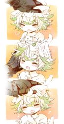 Rule 34 | 1girl, :d, animal ears, black gloves, blush, bondrewd, cat day, cat ears, cat girl, cat tail, closed eyes, commentary request, fang, gloves, green hair, hair between eyes, headpat, heart, holding, kemonomimi mode, made in abyss, multicolored hair, open mouth, out of frame, prushka, sakurazawa izumi, shirt, short hair, short sleeves, smile, tail, tail raised, two-tone hair, white hair, white shirt