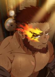 Rule 34 | 1boy, bad id, bad twitter id, bara, beard, blush, close-up, eyebrow cut, facial hair, flaming eye, hephaestus (housamo), highres, large pectorals, looking at viewer, male focus, manly, muscular, nipples, oro9, pectorals, red eyes, scar, simple background, solo, thick eyebrows, tokyo houkago summoners, topless male, upper body