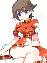 Rule 34 | 1girl, alternate costume, barefoot, blue eyes, brown hair, china dress, chinese clothes, commentary request, cowboy shot, dress, flipped hair, hair ornament, hairclip, head tilt, hiei (kancolle), highres, kanoe soushi, kantai collection, looking at viewer, no nose, red dress, short hair, simple background, sitting, solo, twitter username, white background
