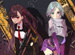 Rule 34 | 2girls, ammunition, black gloves, black jacket, black skirt, blazer, blue hair, blush, brown hair, bullet, bullpup, commentary request, contender (girls&#039; frontline), copyright name, detached sleeves, girls&#039; frontline, gloves, grey eyes, gun, hair between eyes, hair ribbon, highres, holding, holding gun, holding weapon, jacket, long hair, long sleeves, looking at viewer, multicolored hair, multiple girls, necktie, one side up, open clothes, open jacket, open mouth, pantyhose, parted lips, purple hair, purple shorts, red eyes, red neckwear, red ribbon, ribbon, rifle, rifle cartridge, see-through, shirt, short hair, short shorts, short sleeves, shorts, sidelocks, skirt, sniper rifle, streaked hair, teshima nari, v-shaped eyebrows, very long hair, wa2000 (girls&#039; frontline), walther, walther wa 2000, weapon, white shirt