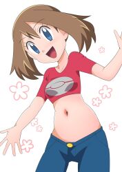 Rule 34 | 1girl, belly, blue eyes, breasts, brown hair, creatures (company), crop top, denim, floral background, game freak, hainchu, highres, jeans, looking at viewer, may (pokemon), midriff, navel, nintendo, open mouth, pants, pokemon, pokemon (anime), pokemon rse, pokemon rse (anime), shirt, simple background, small breasts, smile, solo