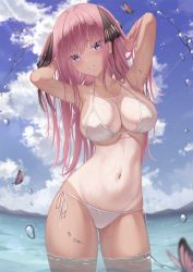 Rule 34 | 1girl, arms behind head, arms up, bikini, black bikini, breasts, bug, butterfly, cloud, collarbone, commentary, cowboy shot, crop top, day, front-tie top, gluteal fold, go-toubun no hanayome, hair ribbon, halterneck, highres, insect, large breasts, long hair, looking at viewer, marinesnow, nakano nino, navel, one-piece tan, outdoors, parted lips, pink hair, purple eyes, ribbon, see-through, short sleeves, side-tie bikini bottom, smile, solo, standing, stomach, string bikini, sunlight, swimsuit, tan, tanline, two side up, wading, water, wet, wet clothes