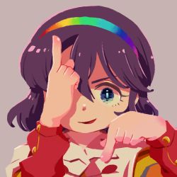 Rule 34 | 1girl, blue eyes, cloak, eyebrows hidden by hair, jiageya (atojian keikaku), multicolored clothes, multicolored headwear, one eye covered, open mouth, pointing, pointing down, pointing up, portrait, purple hair, short hair, smile, solo, tenkyuu chimata, touhou