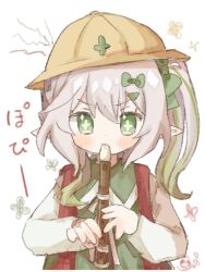 Rule 34 | 1girl, alternate costume, backpack, bag, blush, bow, collared dress, commentary request, cross-shaped pupils, dress, flute, genshin impact, gradient hair, green bow, green dress, green eyes, green hair, hair between eyes, hair bow, hair ornament, hairclip, hands up, hat, highres, holding, holding flute, holding instrument, instrument, long hair, long sleeves, looking at viewer, mugi062, multicolored hair, music, nahida (genshin impact), playing instrument, pointy ears, ponytail, recorder, red bag, school hat, school uniform, shirt, side ponytail, sidelocks, simple background, sleeveless, sleeveless dress, solo, streaked hair, symbol-shaped pupils, upper body, v-shaped eyebrows, white background, white hair, white shirt, yellow hat
