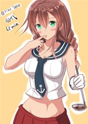 Rule 34 | 10s, 1girl, bare shoulders, blush, braid, breasts, brown hair, finger in own mouth, green eyes, ichikawa feesu, kantai collection, ladle, large breasts, long hair, looking at viewer, navel, noshiro (kancolle), shirt, skirt, sleeveless, sleeveless shirt, solo, stomach, tasting, twin braids, upper body