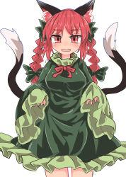 Rule 34 | 1girl, animal ear fluff, animal ears, black tail, bow, braid, breasts, cat ears, cat tail, chups, cowboy shot, dress, extra ears, fangs, frilled dress, frilled sleeves, frills, green bow, green dress, hair bow, highres, kaenbyou rin, large breasts, long sleeves, looking at viewer, medium hair, multiple tails, neck ribbon, open mouth, red eyes, red hair, red ribbon, ribbon, side braids, simple background, solo, standing, tail, touhou, twin braids, two tails, white background
