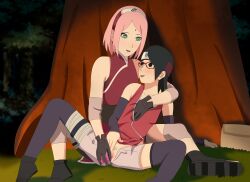 Rule 34 | 2girls, absurdres, against tree, bandaged leg, bandages, black gloves, black hair, black thighhighs, blush, boruto: naruto next generations, censored, collarbone, dress, female pubic hair, fingering, gloves, grabbing, grabbing another&#039;s breast, grass, green eyes, hairband, hand under clothes, haruno sakura, headband, highres, incest, konohagakure symbol, looking at another, mother and daughter, multiple girls, naruto (series), optimystic, outdoors, parted lips, pubic hair, red-framed eyewear, red dress, red hairband, shoe soles, short hair, shorts, sitting, sleeveless, smile, spread legs, teeth, thighhighs, tongue, tree, uchiha sarada, unbuttoned, upper teeth only, white shorts, yuri