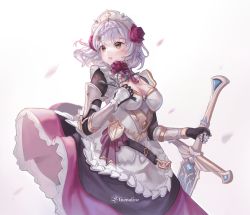 Rule 34 | 1girl, apron, armor, braid, breastplate, breasts, cleavage, elnovaline, falling petals, flower, genshin impact, gloves, hair flower, hair ornament, highres, holding, holding flower, holding sword, holding weapon, knight, long skirt, looking to the side, maid, medium breasts, medium hair, noelle (genshin impact), parted lips, petals, rose, skirt, standing, sword, weapon, white background