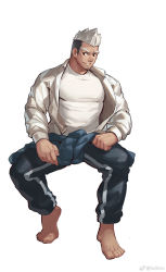Rule 34 | 1boy, bara, barefoot, black hair, facial hair, highres, jacket, looking at viewer, male focus, mature male, multicolored hair, muscular, muscular male, original, pants, selkiro, shirt, simple background, smile, solo, stubble, sweatpants, two-tone hair, white background, white hair, white jacket, white shirt