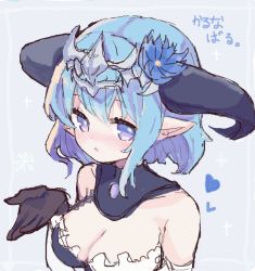 Rule 34 | 1girl, :o, bare shoulders, black gloves, blue eyes, blue flower, blue hair, breasts, cleavage, curled horns, dragon horns, dress, flower, gloves, grey background, hair between eyes, hair flower, hair ornament, hand up, headpiece, heart, horns, karunabaru, long hair, looking at viewer, medium breasts, parted lips, pointy ears, shadowverse, single strap, solo, translation request, white dress, whitefrost dragonewt filene