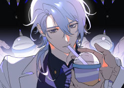 Rule 34 | 1boy, 4boys, alternate costume, black jacket, black necktie, blue hair, collared shirt, commentary, cup, disposable cup, drinking straw, drinking straw in mouth, english commentary, genshin impact, hair between eyes, holding, holding cup, jacket, kamisato ayato, kamisato ayato (heytea), long sleeves, looking at viewer, male focus, mole, mole under mouth, multiple boys, necktie, onegingek, purple eyes, shirt, solo focus, upper body, white jacket