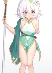 Rule 34 | 1girl, absurdres, bare arms, bare legs, collarbone, covered navel, flower, grabbing own breast, hair between eyes, hair flower, hair ornament, highres, holding, holding staff, kokkoro (princess connect!), long hair, looking at viewer, natsugou shinogi, pointy ears, princess connect!, red eyes, simple background, solo, staff, standing, tongue, tongue out, white background, white flower, white hair