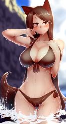 Rule 34 | 1girl, animal ears, arm up, bikini, blurry, blurry background, blush, breasts, brown bikini, brown eyes, brown hair, cleavage, closed mouth, cowboy shot, front-tie bikini top, front-tie top, groin, half-closed eyes, hand on own cheek, hand on own chest, hand on own face, hand up, imaizumi kagerou, large breasts, long hair, looking at viewer, mizuga, navel, outdoors, seductive smile, side-tie bikini bottom, side-tie bottom, smile, solo, standing, stomach, swept bangs, swimsuit, tail, touhou, very long hair, water, wet, wet clothes, wet face, wet hair, wet swimsuit, wolf ears, wolf tail