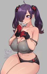 Rule 34 | 1girl, agawa ryou, ahoge, artist name, bare shoulders, black gloves, black shorts, blood, blood on gloves, breasts, bright pupils, cleavage, collarbone, commentary, covered erect nipples, cowboy shot, crop top, dated, english commentary, fingerless gloves, flipped hair, gloves, grey background, grey shirt, hair ornament, hair over one eye, hands up, huge breasts, invisible chair, light blush, long hair, looking ahead, micro shorts, navel, no bra, numbered, open mouth, original, parted lips, puffy nipples, purple eyes, purple hair, shirt, short eyebrows, shorts, sidelocks, simple background, sitting, skindentation, solo, strap slip, thick thighs, thighs, twintails, white pupils