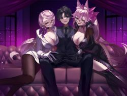 Rule 34 | 1boy, 2girls, absurdres, animal ears, black hair, black suit, blue eyes, bodysuit, breast press, breasts, cleavage, couch, earrings, fate/grand order, fate (series), formal, fox ears, fujimaru ritsuka (male), girl sandwich, glasses, hair between eyes, hair ribbon, hand on another&#039;s thigh, highres, jewelry, kansya, koyanskaya (assassin) (first ascension) (fate), koyanskaya (fate), koyanskaya (foreigner) (first ascension) (fate), large breasts, long hair, multiple girls, on couch, open mouth, pantyhose, pink hair, ribbon, sandwiched, smile, suit, swept bangs, tamamo (fate), yellow eyes