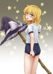 Rule 34 | 1girl, alternate costume, alternate hair length, alternate hairstyle, ass, bamboo broom, blonde hair, blush, braid, breasts, broom, buruma, commentary request, cowboy shot, from behind, fuwatoro (enemy-of-society), gradient background, gym uniform, hair between eyes, hand on own ass, hat, hat ribbon, unworn headwear, kirisame marisa, looking at viewer, looking back, open mouth, ribbon, short sleeves, single braid, small breasts, solo, star (symbol), starry background, touhou, witch hat, yellow eyes