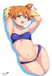 Rule 34 | 1girl, :d, aqua eyes, armpits, arms up, artist name, bandeau, bare shoulders, bikini, blue bikini, blush, breasts, clothes lift, creatures (company), cropped legs, game freak, gluteal fold, hair between eyes, heart, highres, looking at viewer, misty (pokemon), moisture (chichi), navel, nintendo, one side up, open mouth, orange hair, pokemon, pokemon (anime), shirt lift, shirt over head, simple background, small breasts, smile, solo, strapless, strapless bikini, swimsuit, thigh gap, undressing