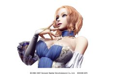 Rule 34 | 1girl, 3d, angela (castlevania), blonde hair, blue eyes, breasts, bridal gauntlets, castlevania (series), castlevania pachislot, choker, cleavage, corset, cross, cross necklace, detached sleeves, eyelashes, jewelry, konami, lace, large breasts, necklace, official art, ring, short hair, simple background, solo, upper body, wavy hair, white background