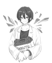 Rule 34 | 1boy, blush, closed mouth, crystal wings, greyscale, highres, lab coat, limbus company, long sleeves, looking at viewer, monochrome, pastry box, project moon, sang yi (project moon), shirt, simple background, smile, solo, uchimura (rino0525), upper body, wing collar