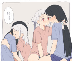 Rule 34 | 2girls, alternate hairstyle, arashi chisato, black hair, blush, brown eyes, chinese text, coldcat., commentary, double bun, eye contact, closed eyes, facing another, flying sweatdrops, grey hair, hair bun, hair down, hand in another&#039;s hair, hazuki ren, highres, hug, looking at another, love live!, love live! superstar!!, low ponytail, multiple girls, multiple views, red eyes, shirt, simplified chinese text, sitting, sweatdrop, t-shirt, translated, twintails, yuri