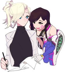 Rule 34 | 2girls, bare shoulders, black sweater, blonde hair, blue eyes, blush, bodysuit, brown eyes, brown hair, cropped legs, d.va (overwatch), facepaint, facial mark, gloves, headphones, headphones around neck, lab coat, long hair, mercy (overwatch), multiple girls, mwo imma hwag, open mouth, overwatch, overwatch 1, paper, pen, ribbed sweater, simple background, smile, sweater, undressing, upper body, whisker markings, white background, white gloves