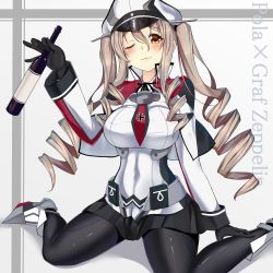 Rule 34 | 1girl, alternate hairstyle, black gloves, black pantyhose, black skirt, bottle, brown eyes, brown hair, capelet, character name, cosplay, gloves, graf zeppelin (kancolle), graf zeppelin (kancolle) (cosplay), hat, highres, kantai collection, long hair, long sleeves, military, military uniform, miniskirt, one eye closed, pantyhose, peaked cap, pleated skirt, pola (kancolle), sazamiso rx, skirt, smile, solo, twintails, uniform, wine bottle