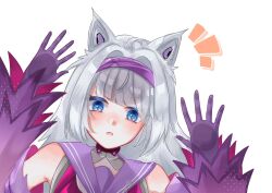 Rule 34 | 1girl, animal ears, blue eyes, detached sleeves, gloves, grey hair, hair intakes, hairband, highres, long hair, mechanical ears, misoso 25, no.21: feral scent (punishing: gray raven), no.21 (punishing: gray raven), parted lips, punishing: gray raven, purple gloves, purple hairband, purple sailor collar, sailor collar, sidelocks, sleeves past wrists, solo, white background, wolf ears