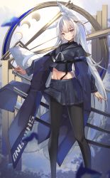 Rule 34 | 1girl, absurdres, alternate breast size, alternate costume, animal ear fluff, animal ears, azur lane, black pantyhose, blue eyes, blue skirt, character name, feet out of frame, highres, ka11 ca, long hair, looking at viewer, midriff, moon phases, multiple swords, multiple tails, pantyhose, pleated skirt, sheath, sheathed, shinano (azur lane), skirt, solo, tail, very long hair, white hair, white tail