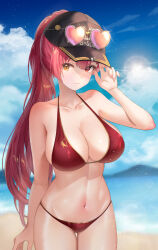 Rule 34 | 1girl, absurdres, bare shoulders, bikini, black hat, breasts, cleavage, hat, heterochromia, highres, hololive, houshou marine, large breasts, long hair, looking at viewer, outdoors, ponytail, raurashun, red eyes, red hair, smile, solo, swimsuit, virtual youtuber, yellow eyes
