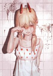 Rule 34 | 1girl, bare arms, bare shoulders, blonde hair, blood, chainsaw man, crying, demon girl, demon horns, dress, fang, hair between eyes, highres, horns, long hair, low twintails, neg (101neg), one eye closed, polka dot, power (chainsaw man), red eyes, red horns, rubbing eyes, sleeveless, sleeveless dress, solo, tears, tile wall, tiles, twintails, white dress