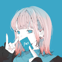 Rule 34 | 1girl, black jacket, blue background, blue eyes, blue scarf, blunt bangs, bob cut, commentary request, covering own mouth, earrings, english text, envelope, fox shadow puppet, gradient hair, grey hair, highres, holding, holding envelope, jacket, jewelry, long sleeves, looking at viewer, multicolored hair, no pupils, nocopyrightgirl, original, pale skin, portrait, red hair, scarf, sleeves past wrists, solo