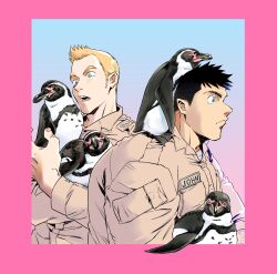 Rule 34 | 2boys, absurdres, animal, animal on back, bara, bird, black hair, blonde hair, blue eyes, carrying, dickfish (fishismdick), from side, highres, holding, holding animal, john rottweil (dickfish), long sideburns, male focus, military, military uniform, multiple boys, muscular, muscular male, open mouth, original, penguin, piggyback, pink background, scan, short hair, sideburns, sketch, thick eyebrows, thomas collie (dickfish), traditional media, undercut, uniform