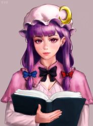 Rule 34 | 1girl, blush, book, bow, breasts, cleavage, crescent, crescent hat ornament, dress, freckles, hair bow, hat, hat ornament, highres, long hair, looking at viewer, medium breasts, mob cap, patchouli knowledge, purple eyes, purple hair, ribbon, touhou, yyf (seaknight)